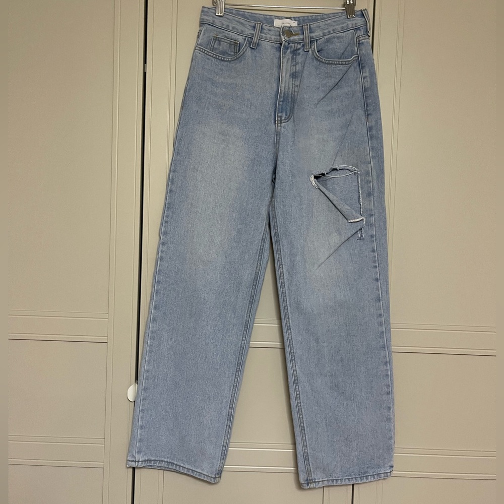 OAK + FORT Light Blue Straight Leg Jeans with Distressed Thigh - Picture 3 of 12